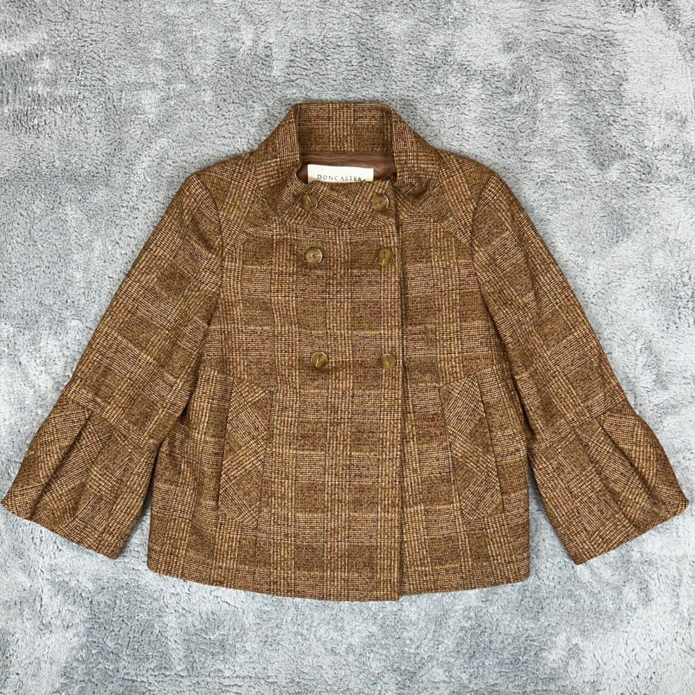 Doncaster Brown Plaid Wool Blend Double Breasted Bell Sleeve Coat Size 10 VTG